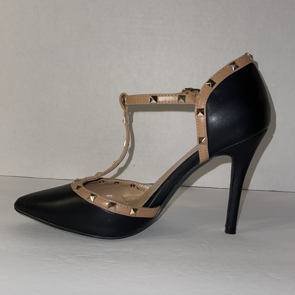 Dream Pairs Black & Beige Point Toe Studded Heel 9 - Picture 4 of 11